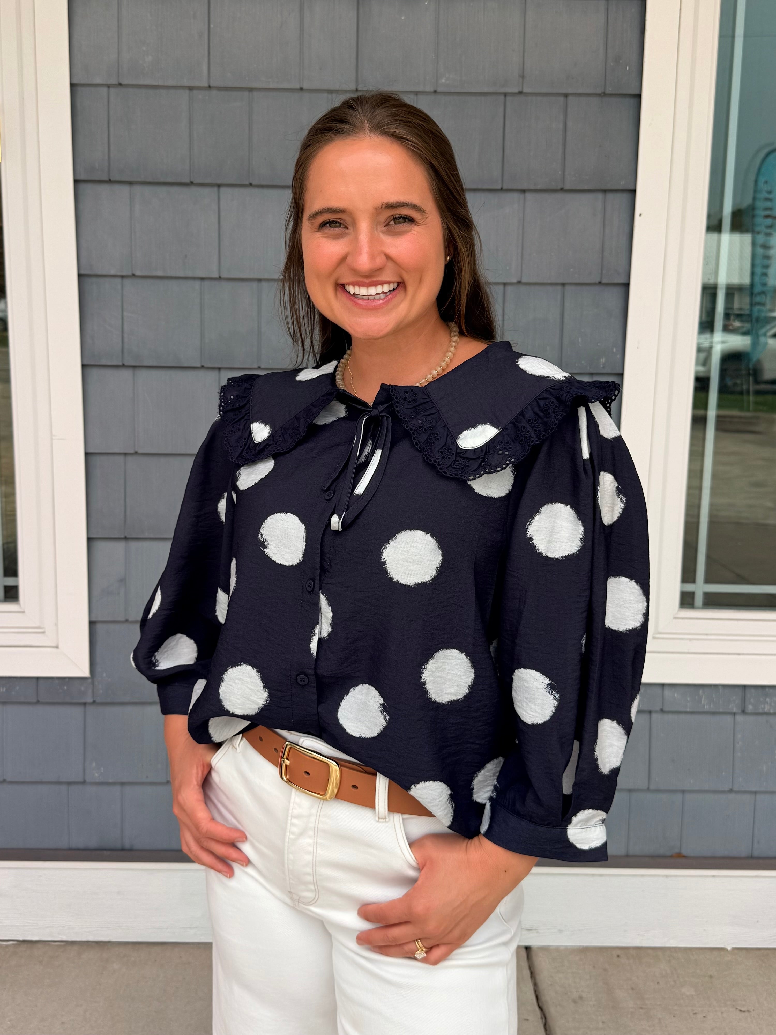 Navy Collared Polka Dot Top