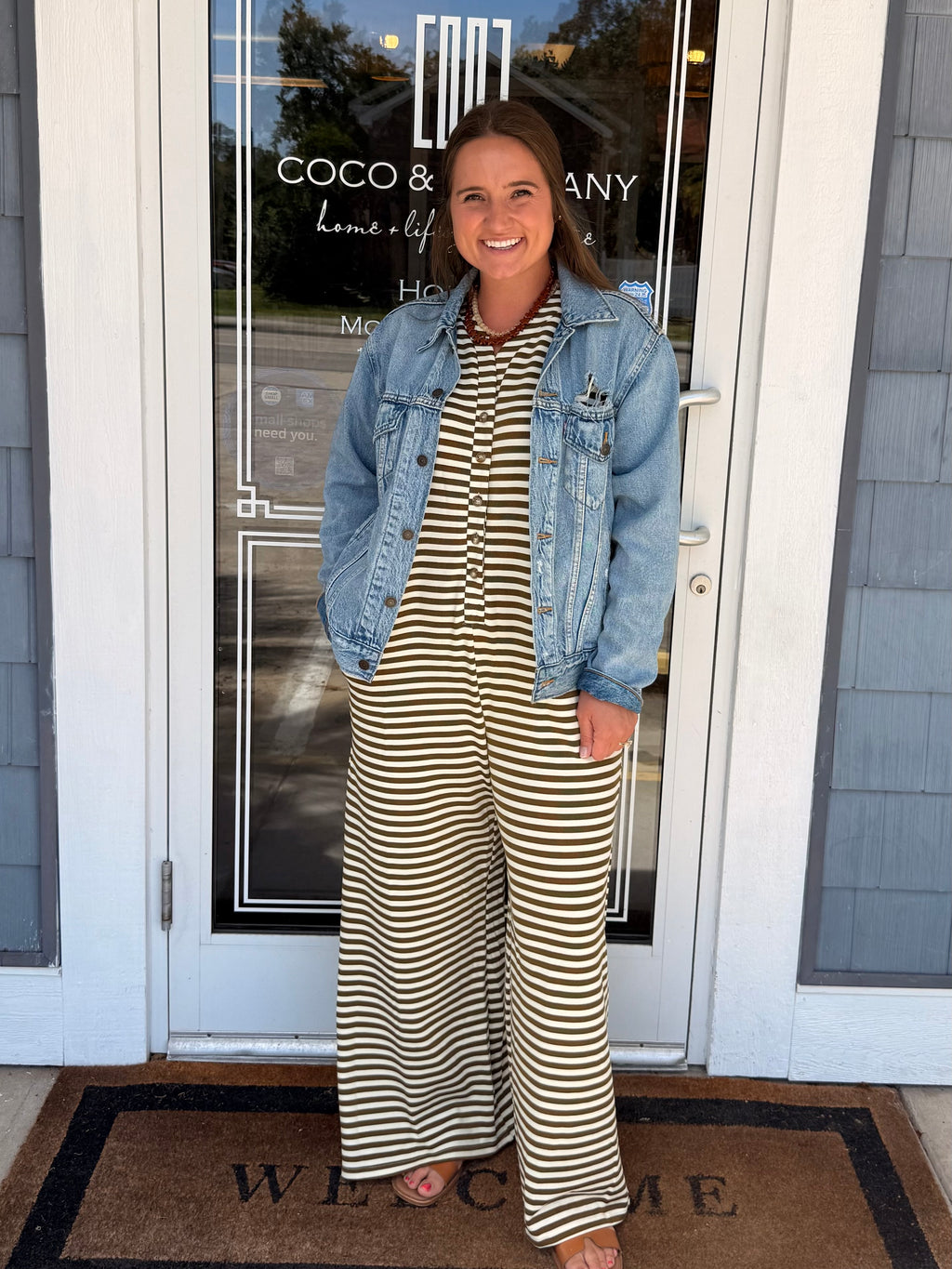 Mocha Stripe Knit Wide Leg Button Down Jumpsuit