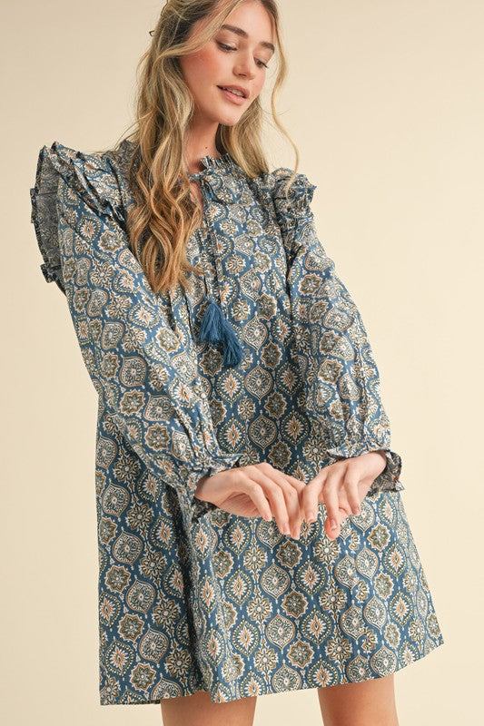Dusty Blue Ruffle Trim Pattern Dress