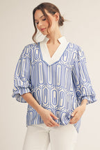 Blue Scallop Trim Geo Print Top