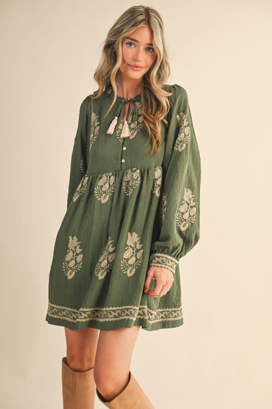Olive Embroidered Puff Sleeve Dress