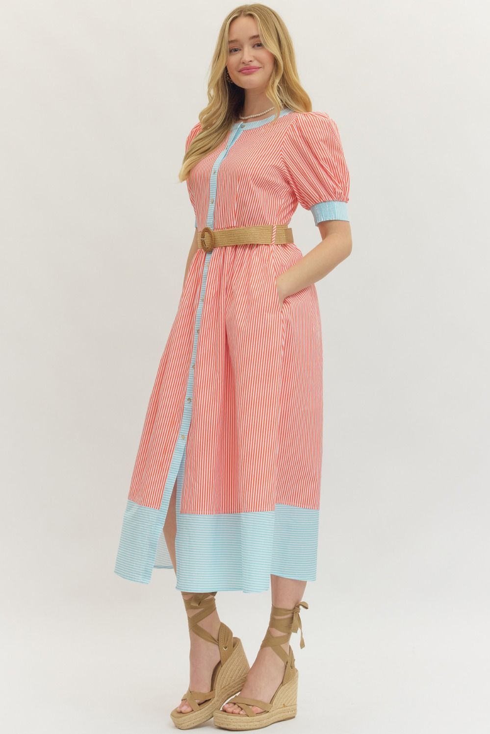 Orange & Blue Stripe Midi Dress w/ Belt
