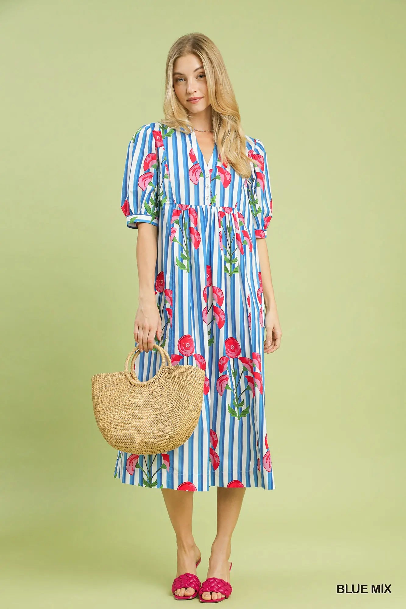 Blue Stripe Floral Midi Dress: SHIPS OR PICKUP FROM COCO 3/18/26