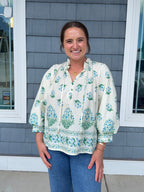 Botanical Blue Balloon Sleeve Top