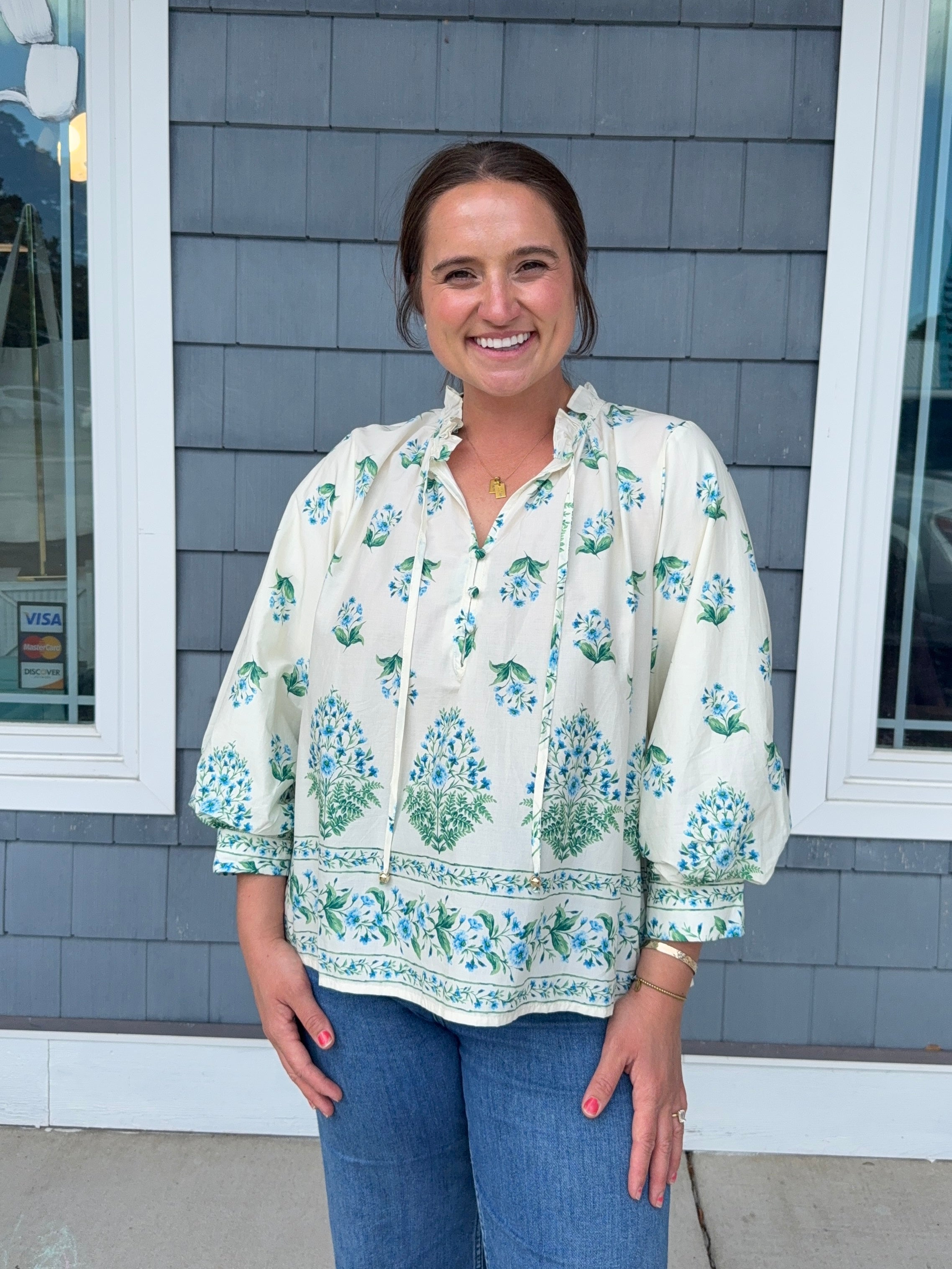 Botanical Blue Balloon Sleeve Top