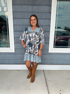 Blue Mixed Print Mini Dress