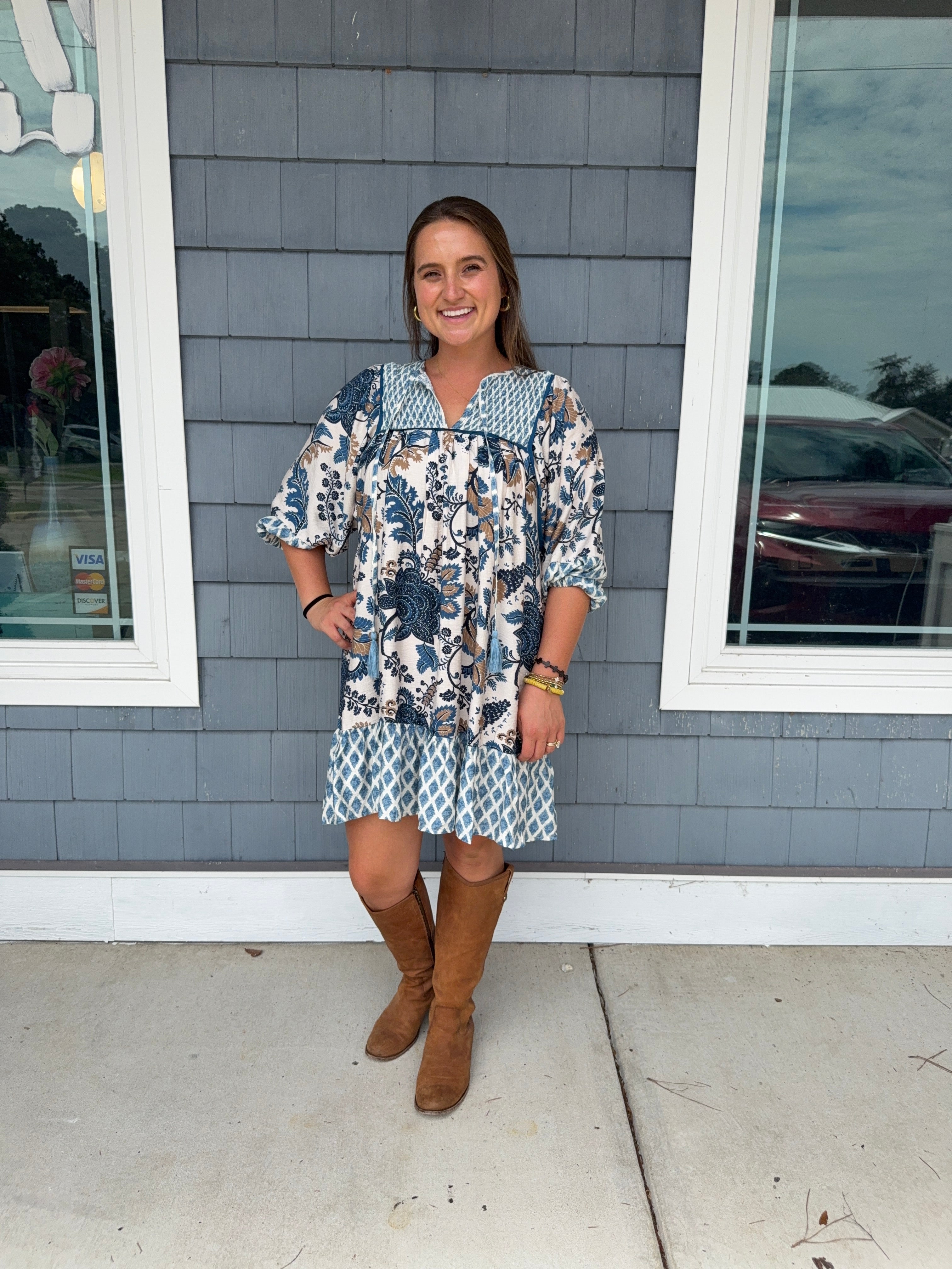 Blue Mixed Print Mini Dress