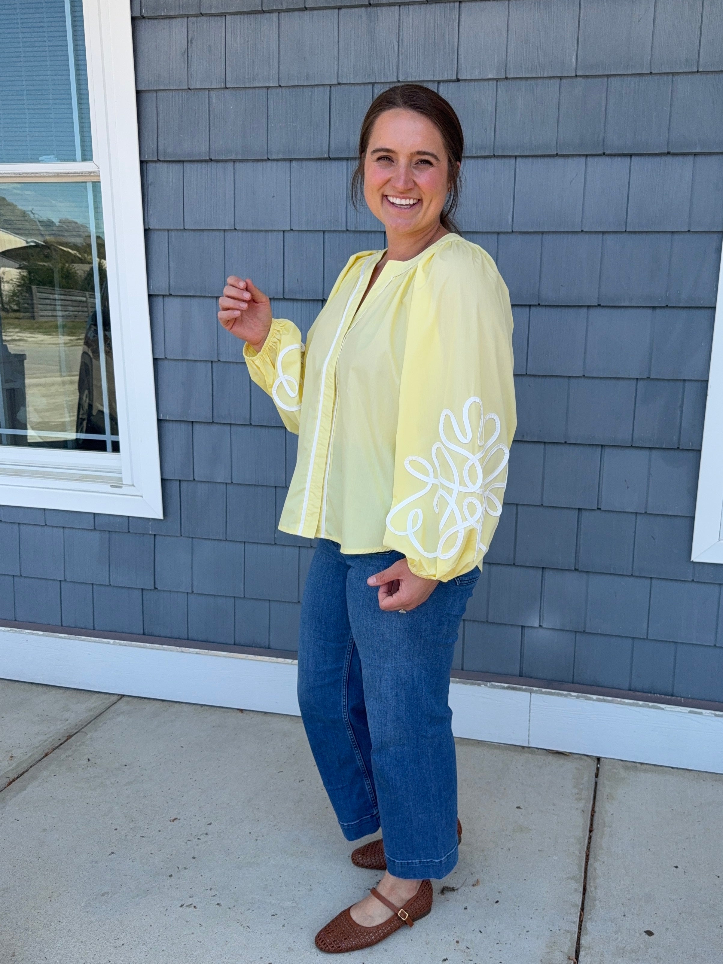 Butter Yellow Soutache Contrast Detail Puff Sleeve Top