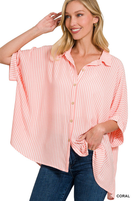 Coral Striped Button Up Top