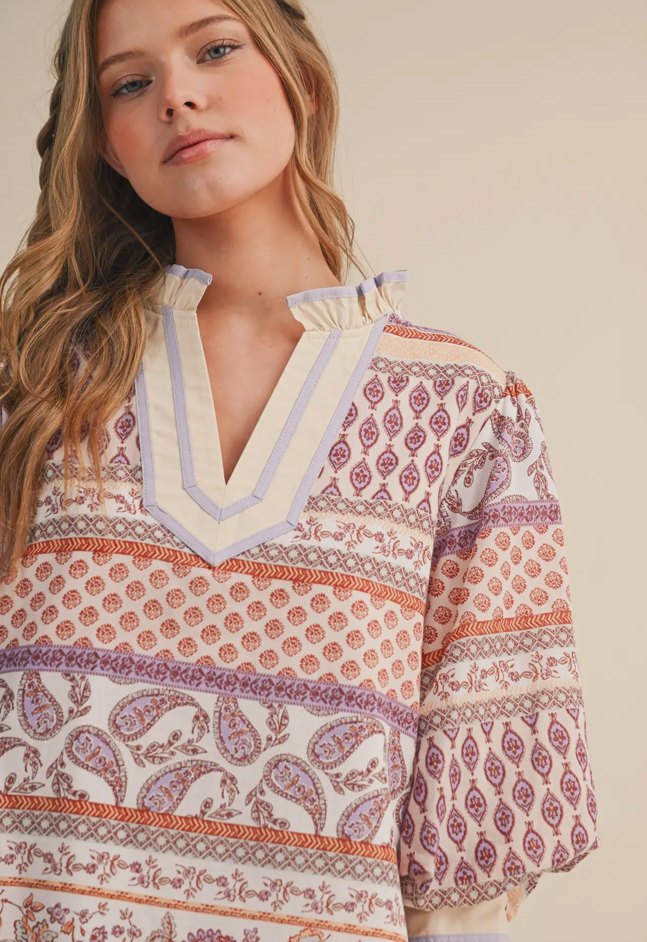 Sand Multi Bubble Sleeve V-neck Top