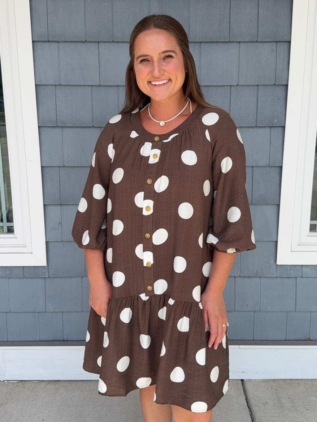 Brown Polka Dot Button Front Dress