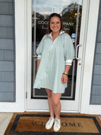 Green & White Mock Neck Banded Puff Sleeve Mini Dress