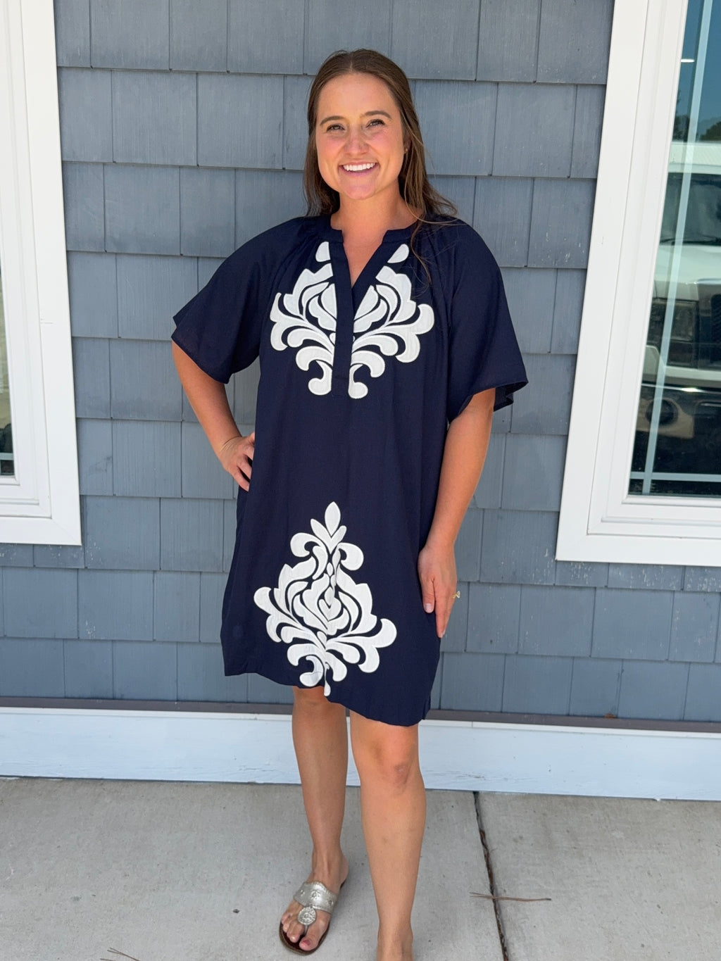 Navy Linen V-Neck Dress