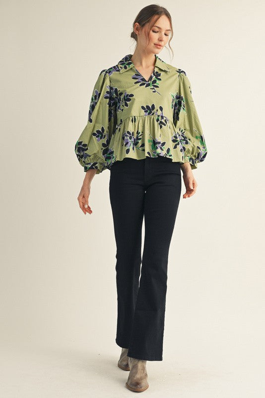 Olive Floral Peplum Top