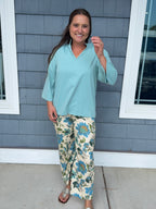 Blue Floral Ankle Cropped Pants