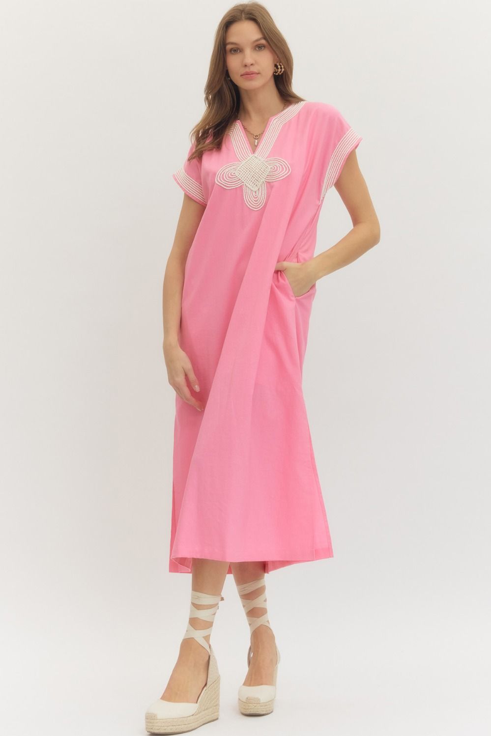 Pink Appliqué Trim Midi Dress SHIPS OR PICKUP FROM COCO 2/23/26