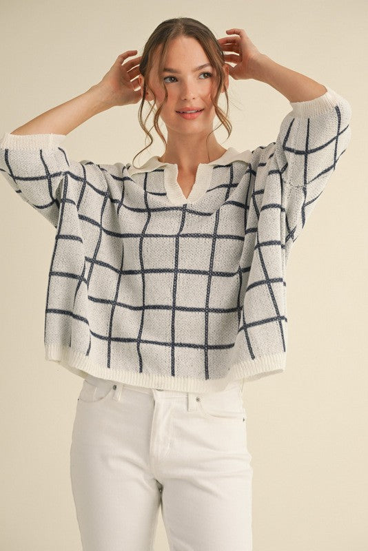 Navy & Ivory Windowpane Check Knit Top- Available for shipping or pickup at COCO 9/5/25
