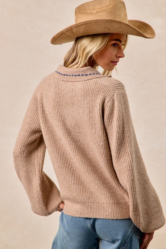 Mocha Solid Buttoned Navy Trim Sweater Top