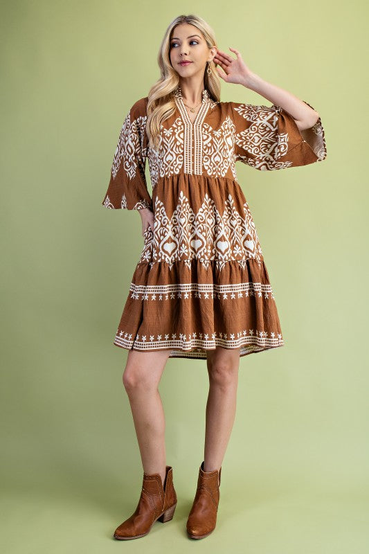 Camel Printed Tiered Dress