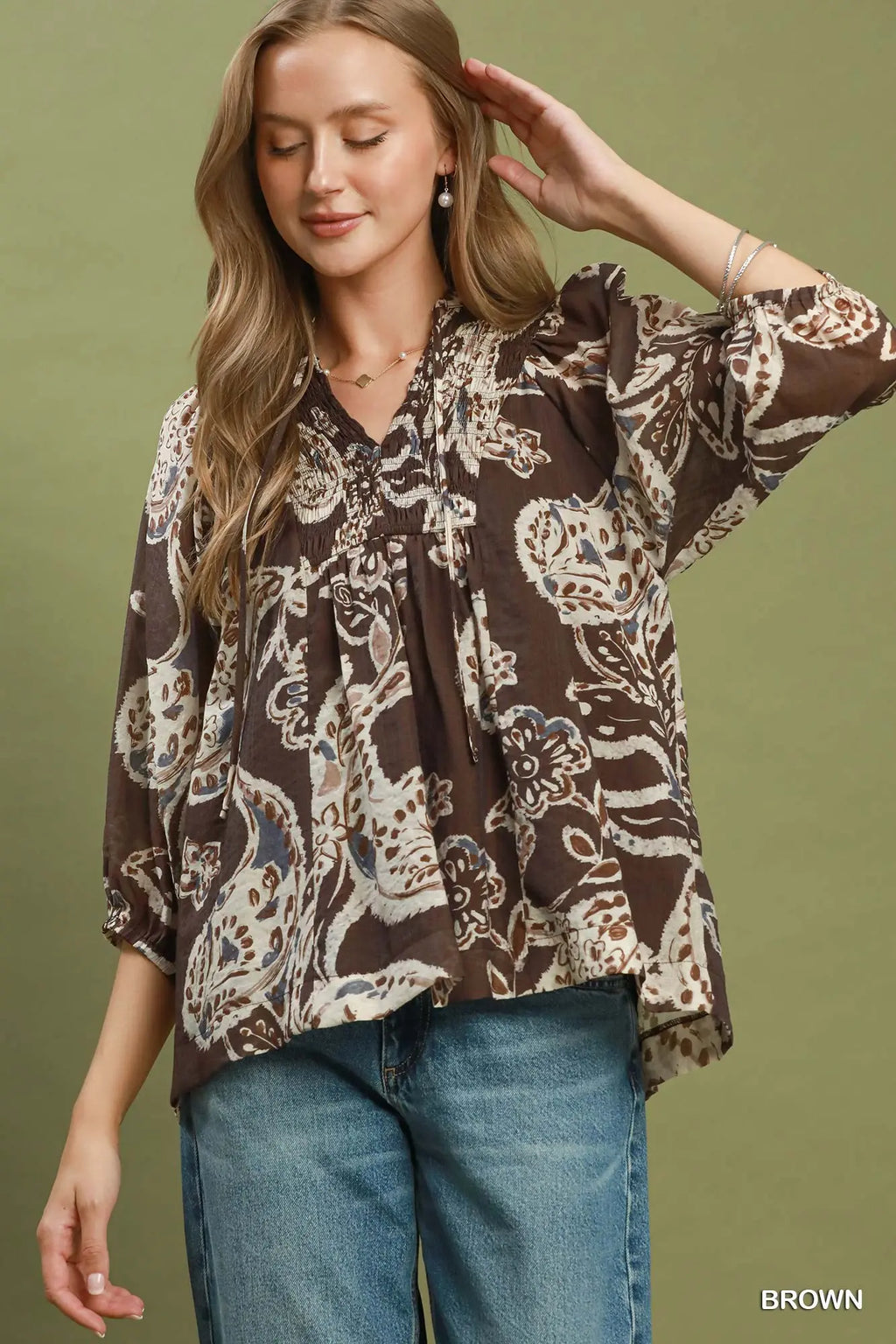 Brown Paisley Print Smocked Neck Flowy Boho Top