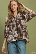 Brown Paisley Print Smocked Neck Flowy Boho Top