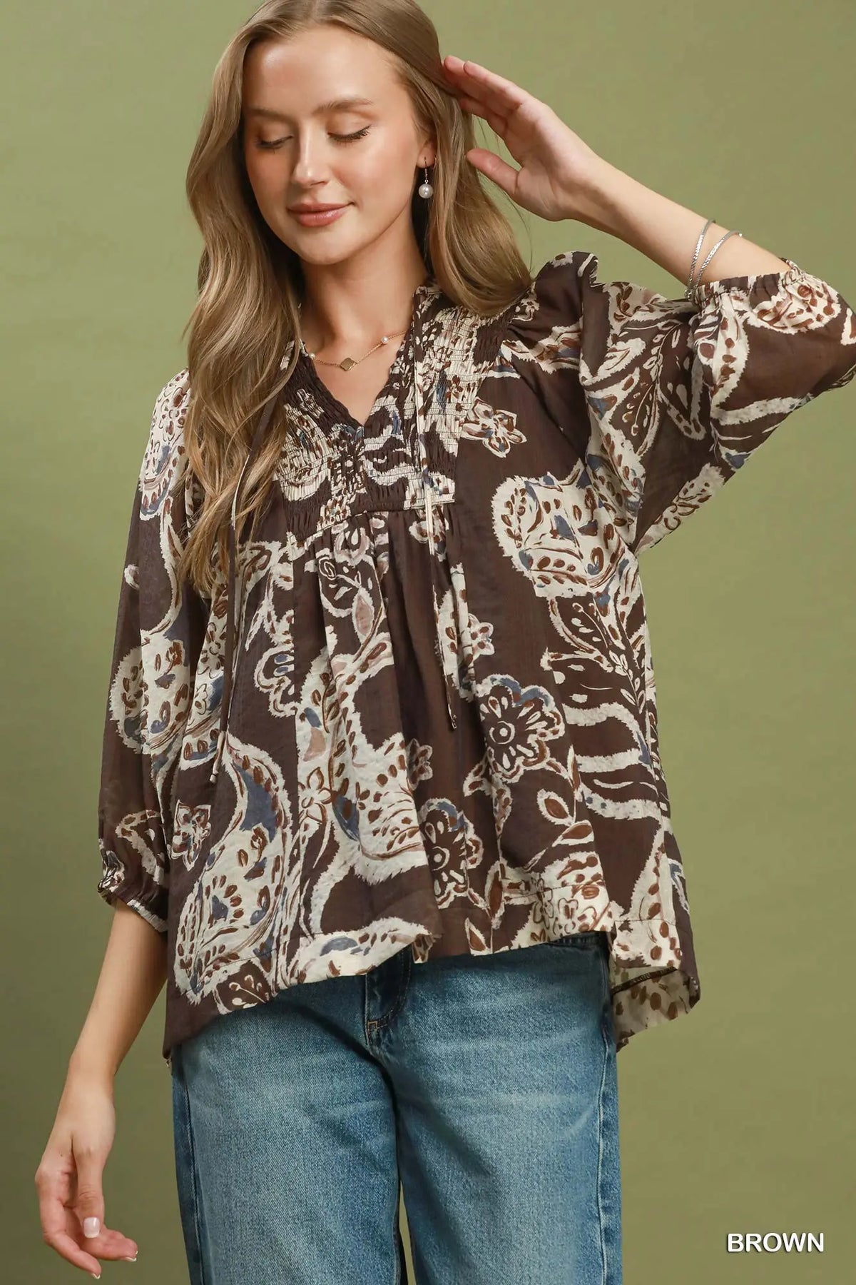 Brown Paisley Print Smocked Neck Flowy Boho Top