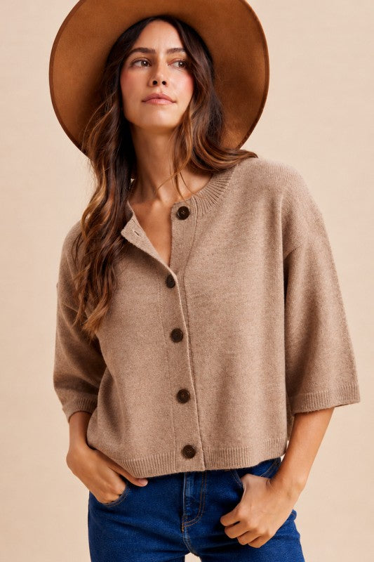 Soft Mocha Half Sleeve Button Down Knit Cardigan