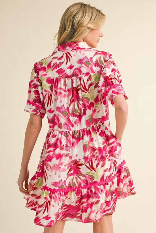 Fuchsia Floral Notched Collared Dress