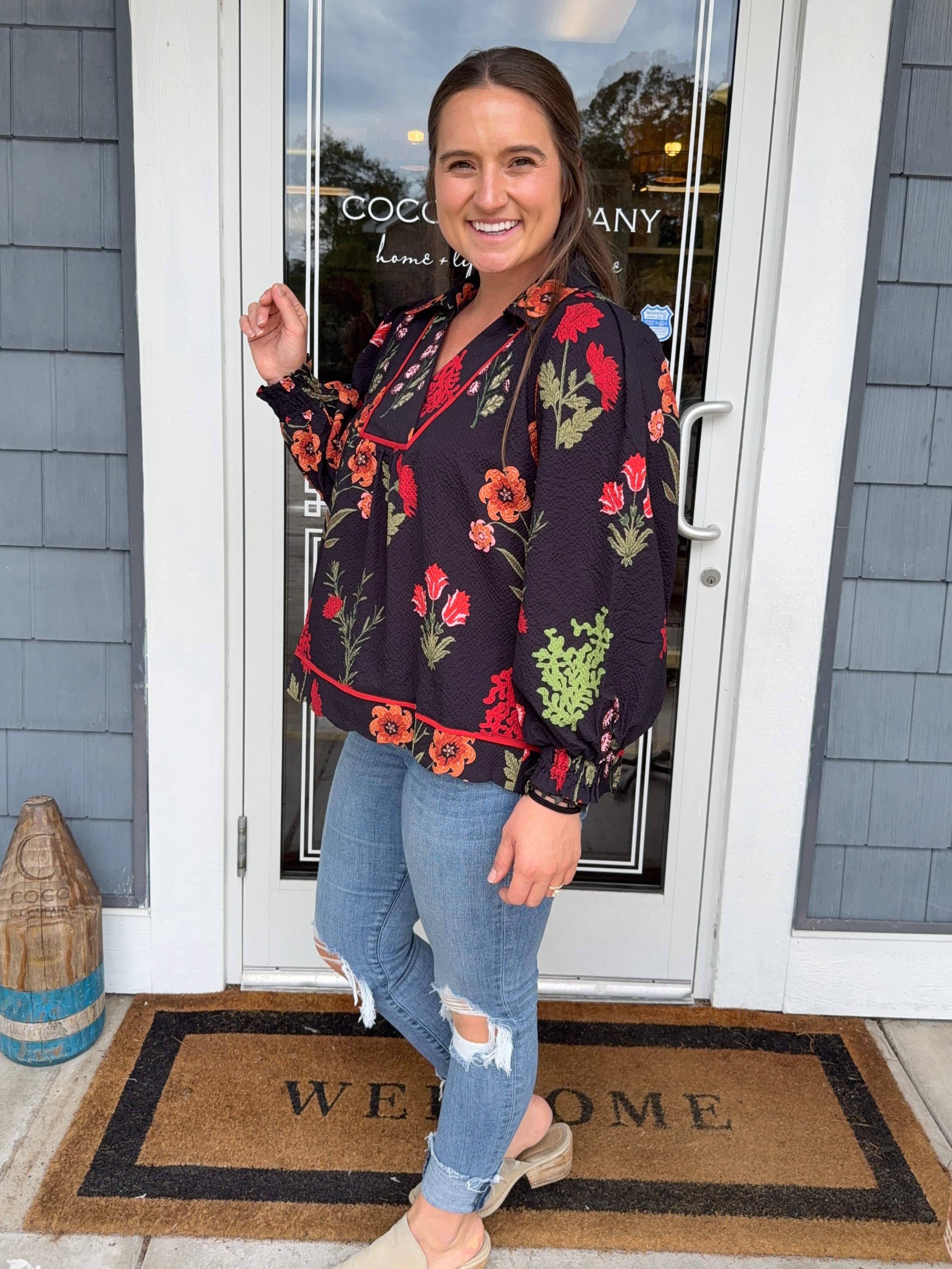 Black Floral Print Textured Fabric Collared Top
