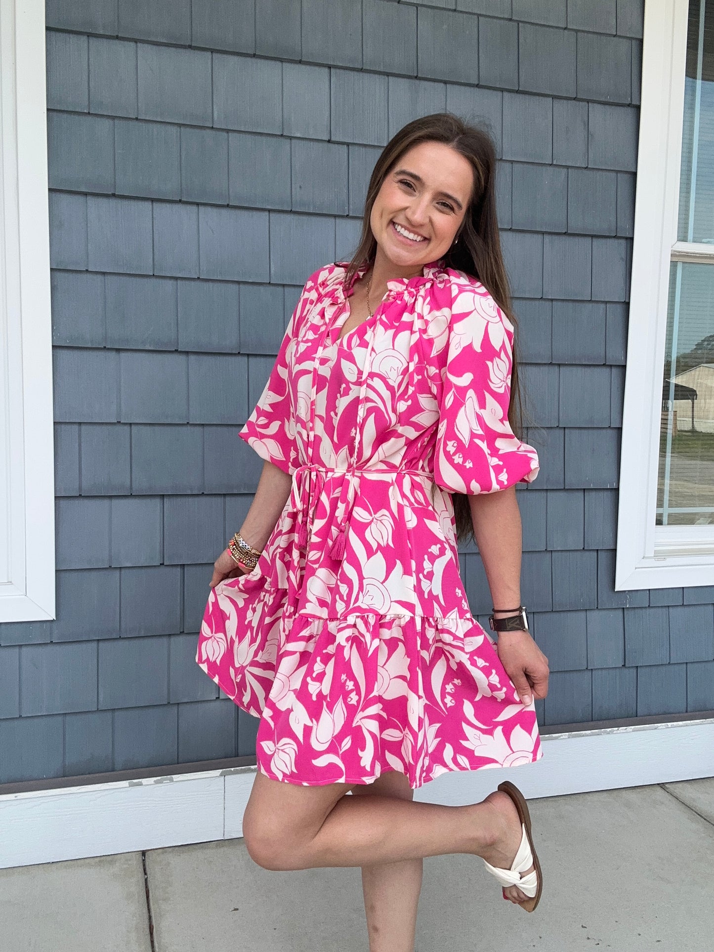 Hot Pink Printed Dress with Tassels