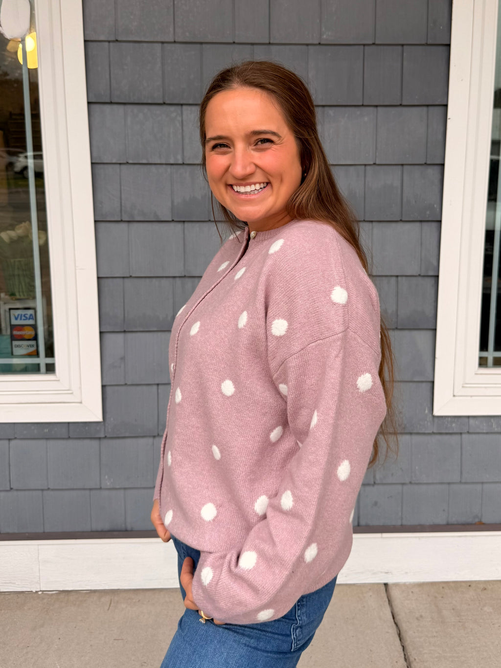Pink Polka Dot Button Up Sweater