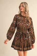 Black Multi Floral Button Down Belted Mini Dress