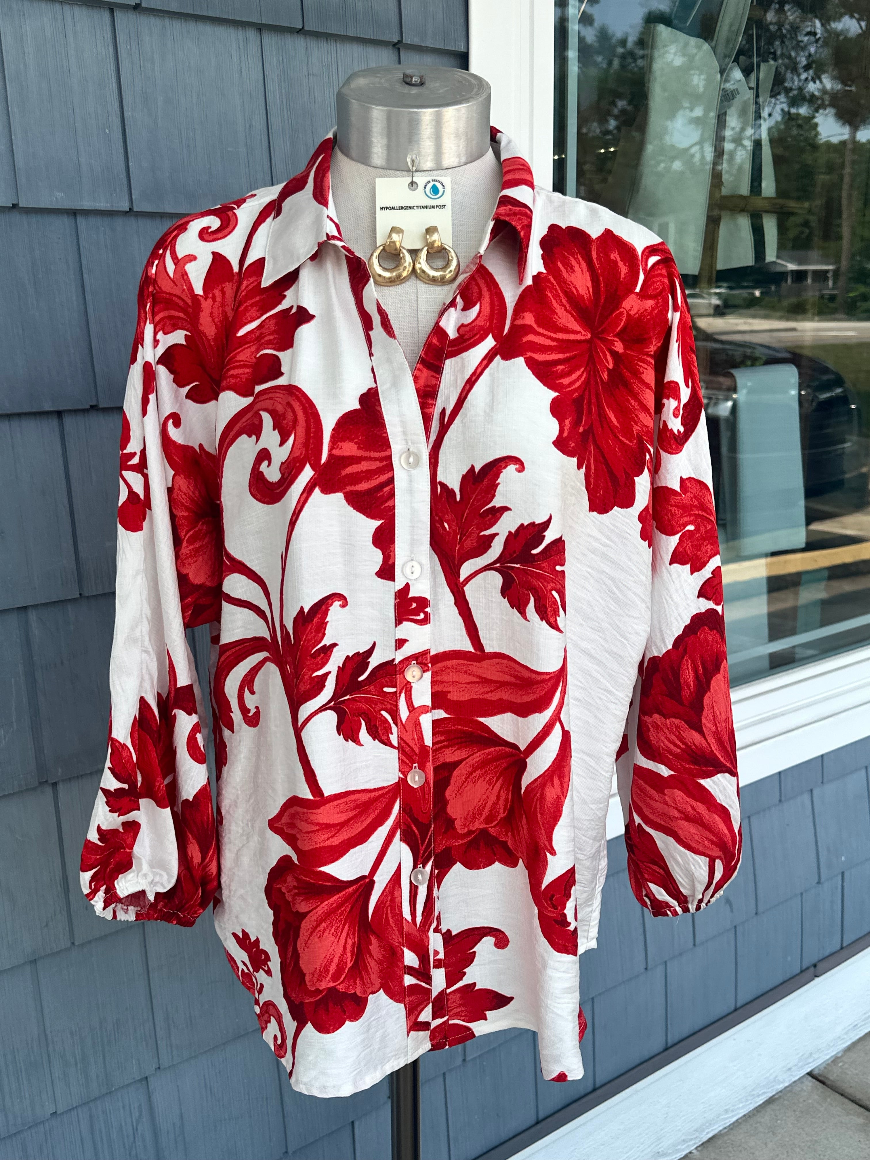 Red Floral Button Down Sleeve Top