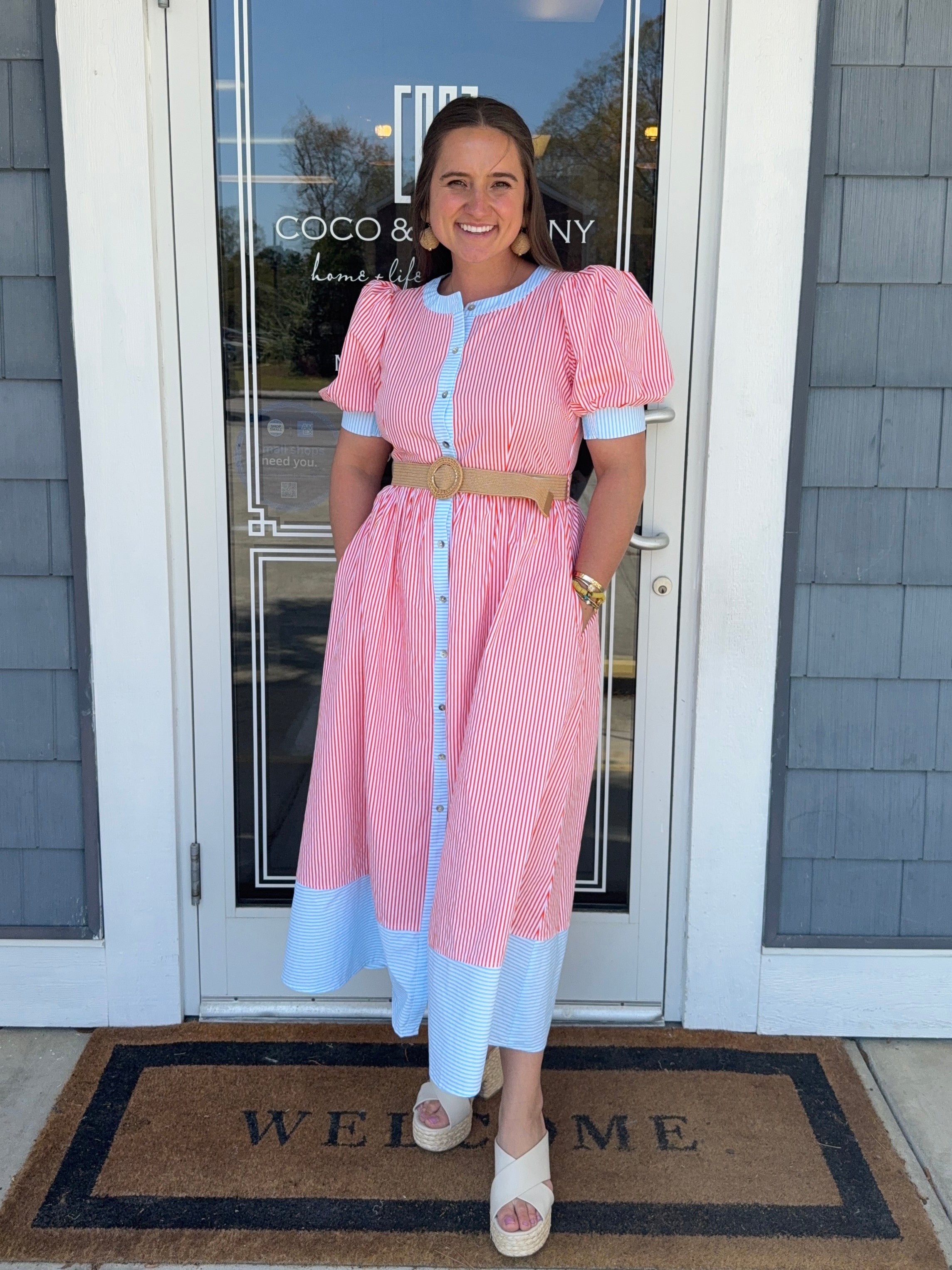 Orange & Blue Stripe Midi Dress w/ Belt