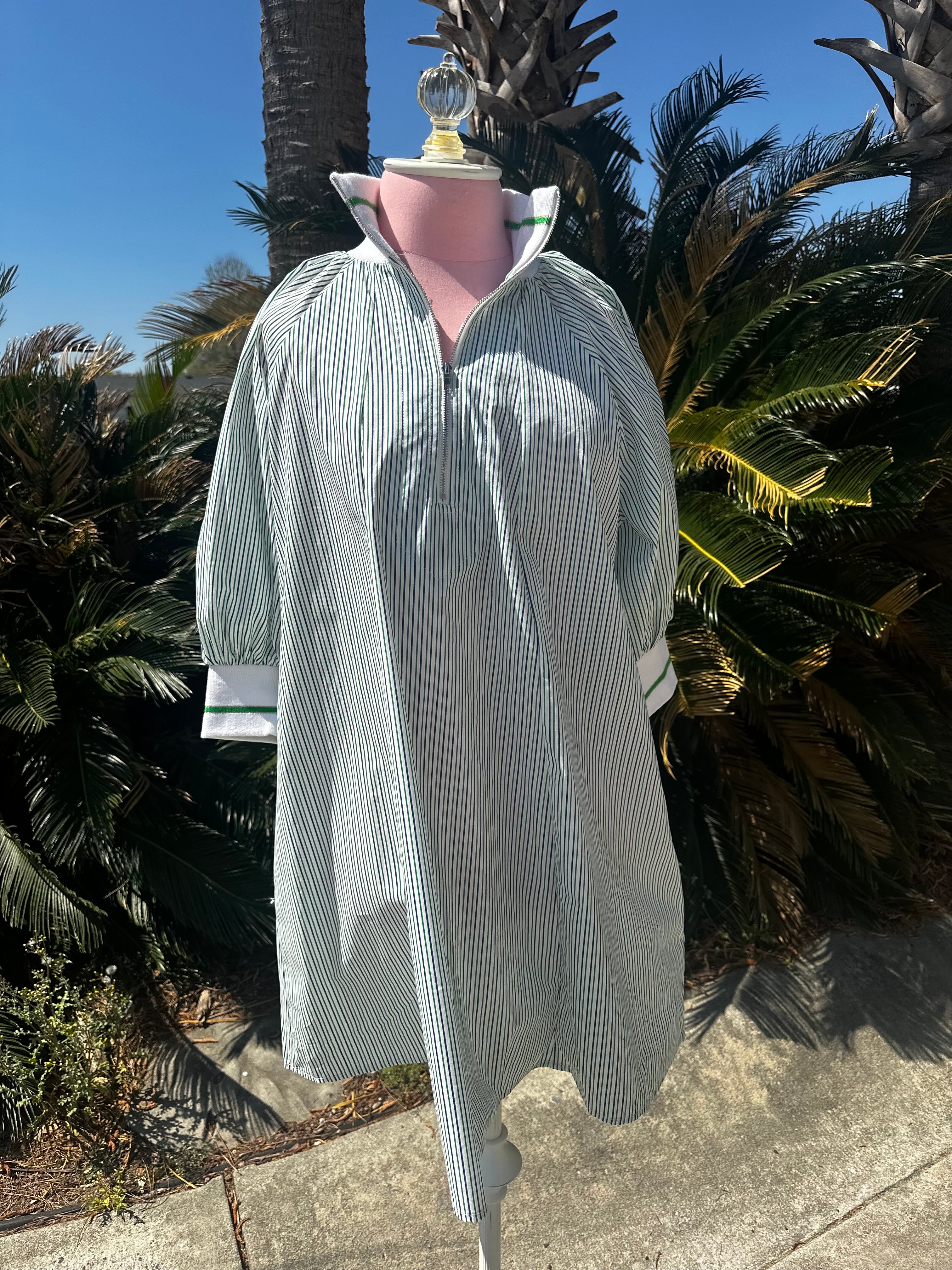 Green & White Mock Neck Banded Puff Sleeve Mini Dress