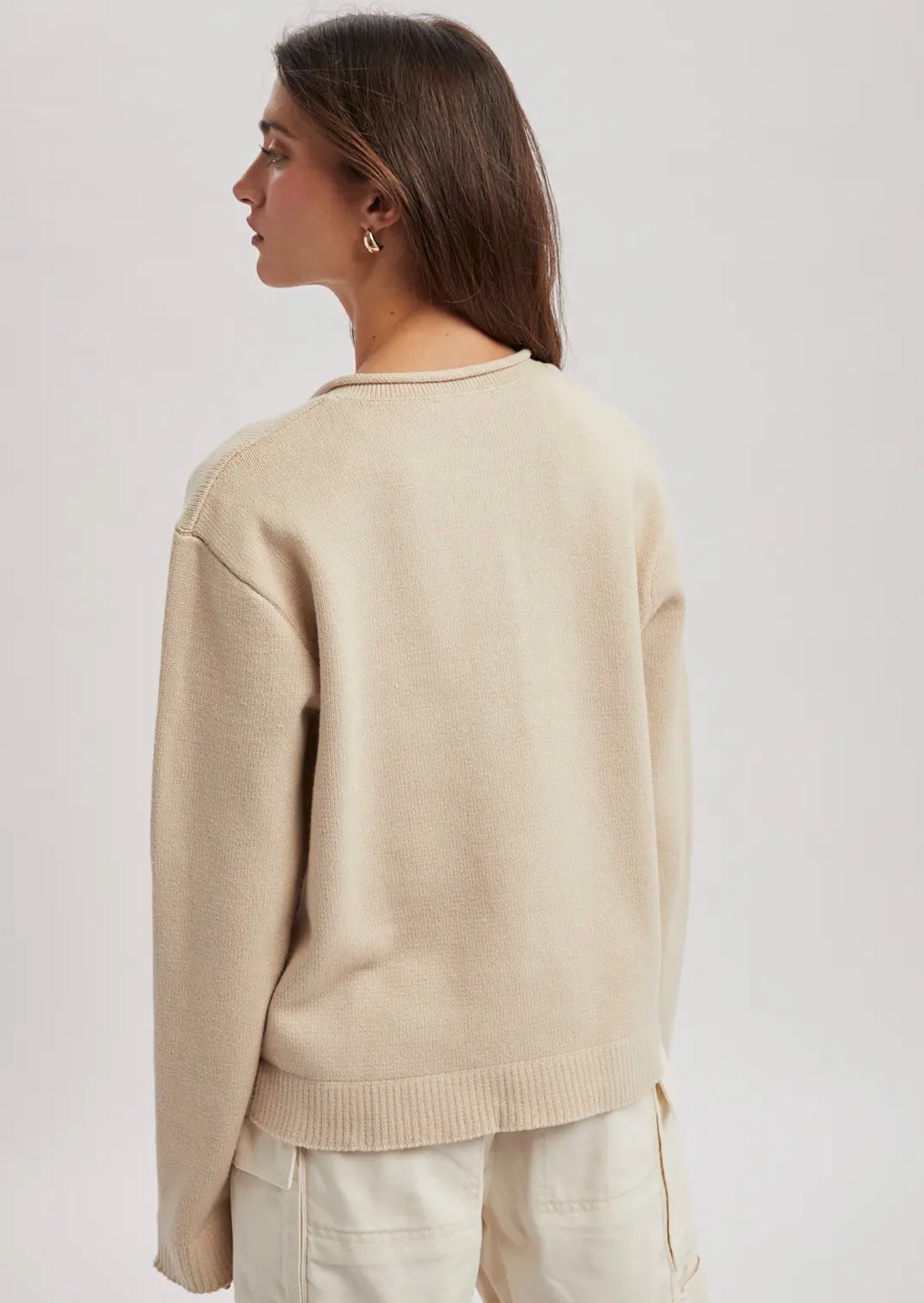 Natural Raw Edge Neckline Button-Up Cardigan