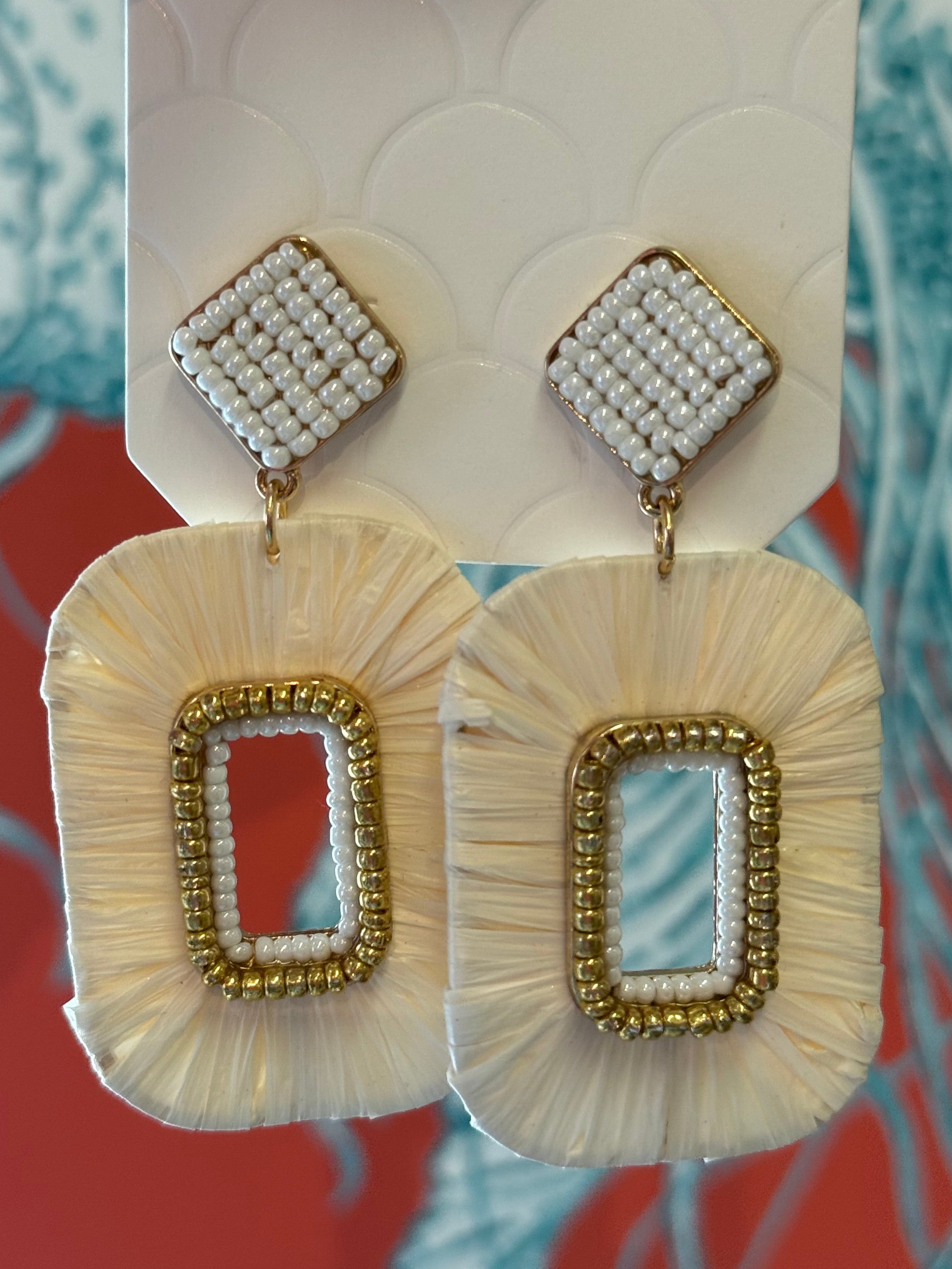 Ivory Raffia Beaded Earrings