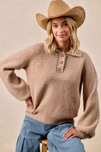 Mocha Solid Buttoned Navy Trim Sweater Top