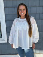 Lace Appliqué Mixed Media LS Blouse White