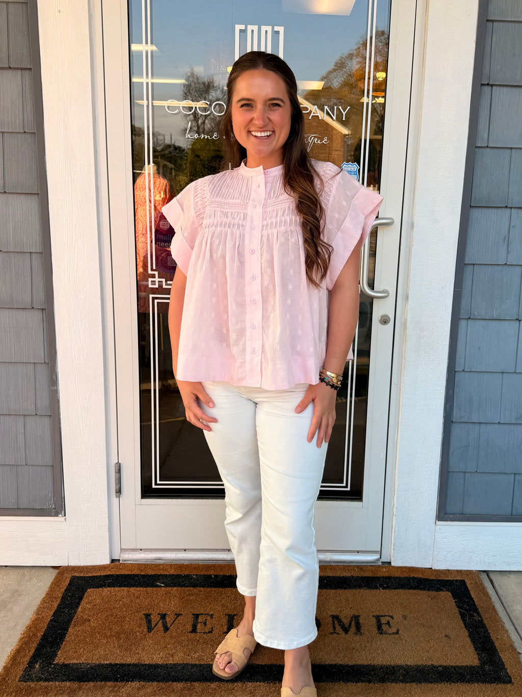 Baby Pink Ruffle Button Up Top