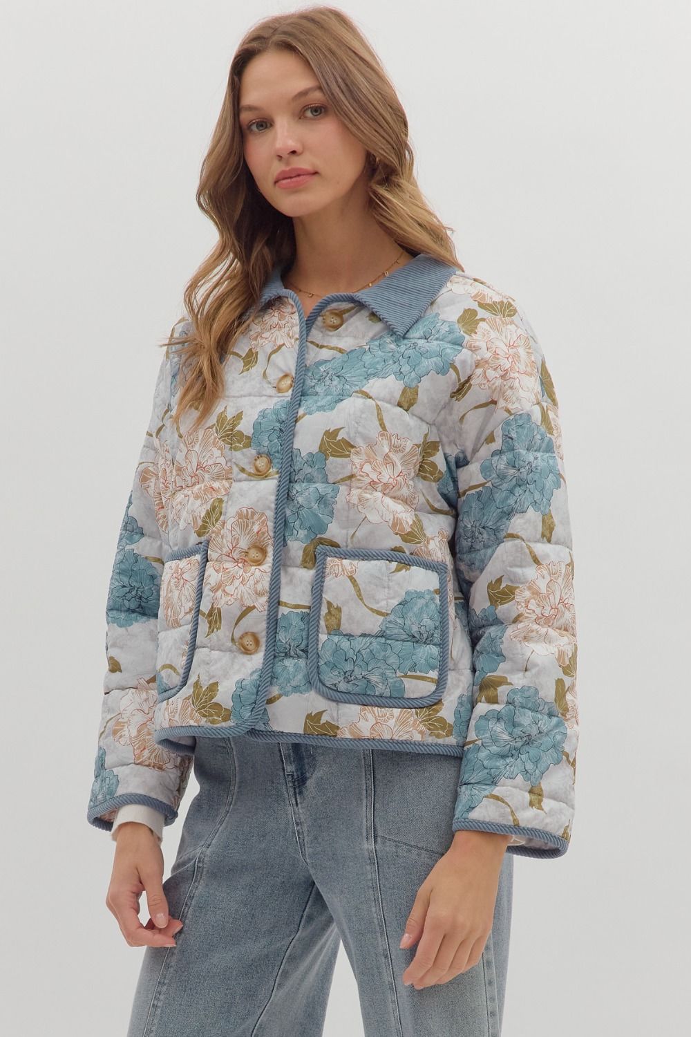 Blue Floral Quilted Jacket SHIPS OR PICKUP FROM COCO 11/6/25