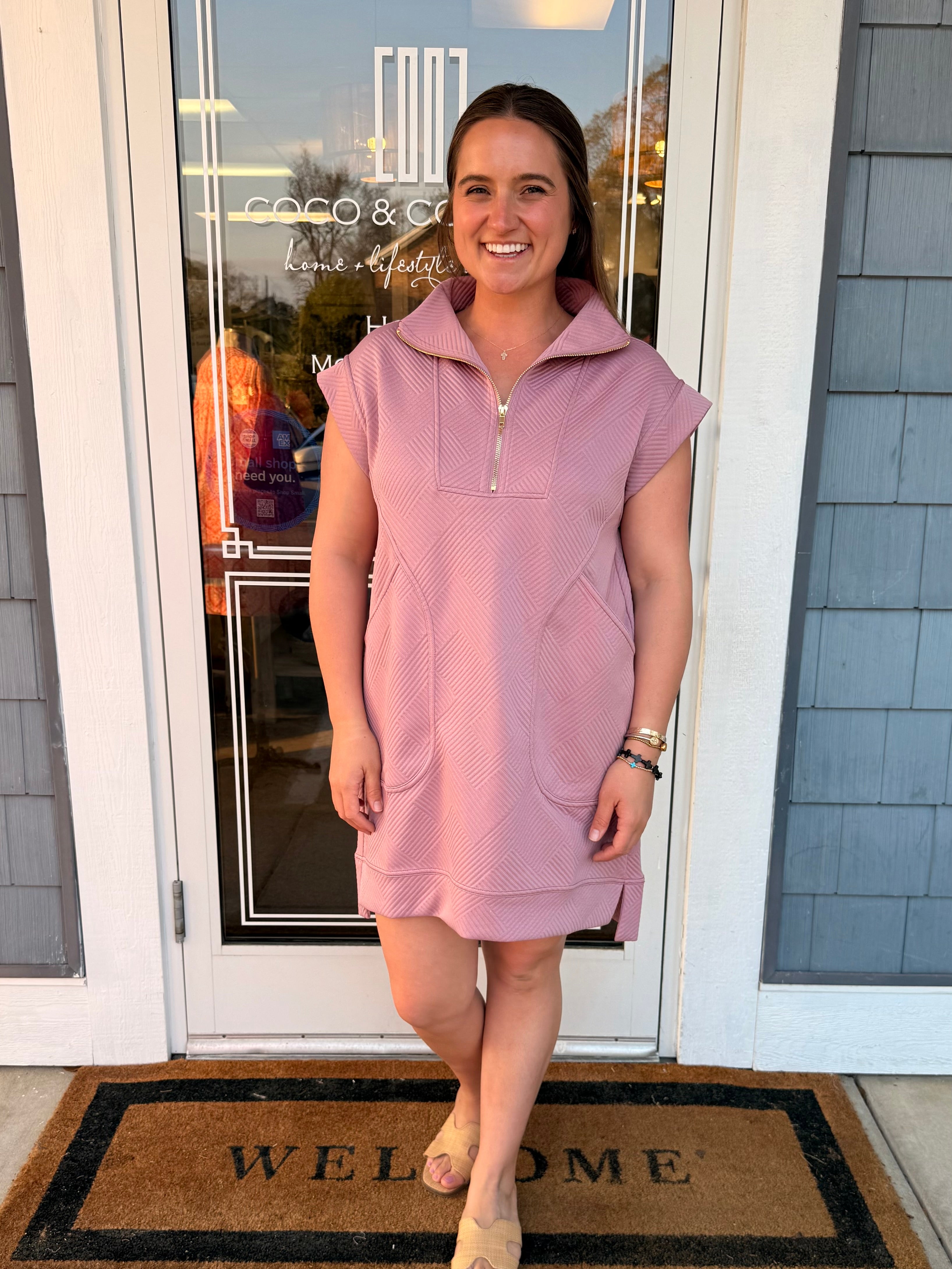 Textured Knit Quarter Zip Dress Light Rose