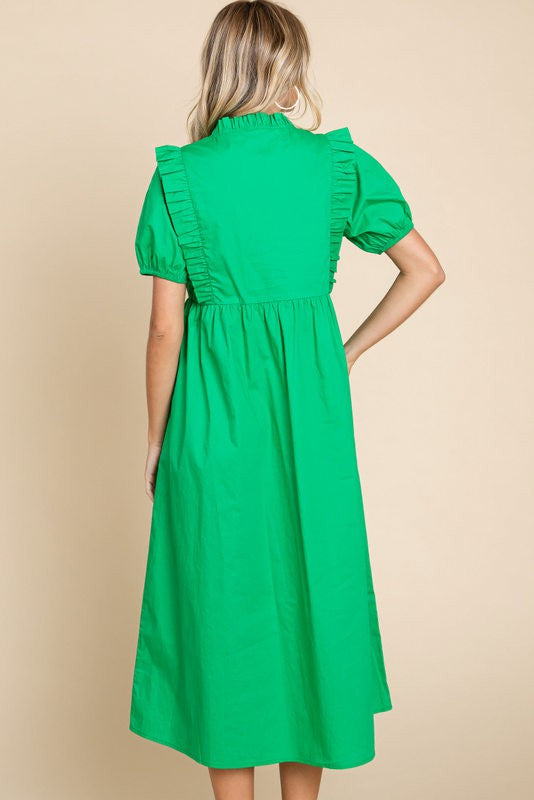 Green Frilled Cotton Midi Dress