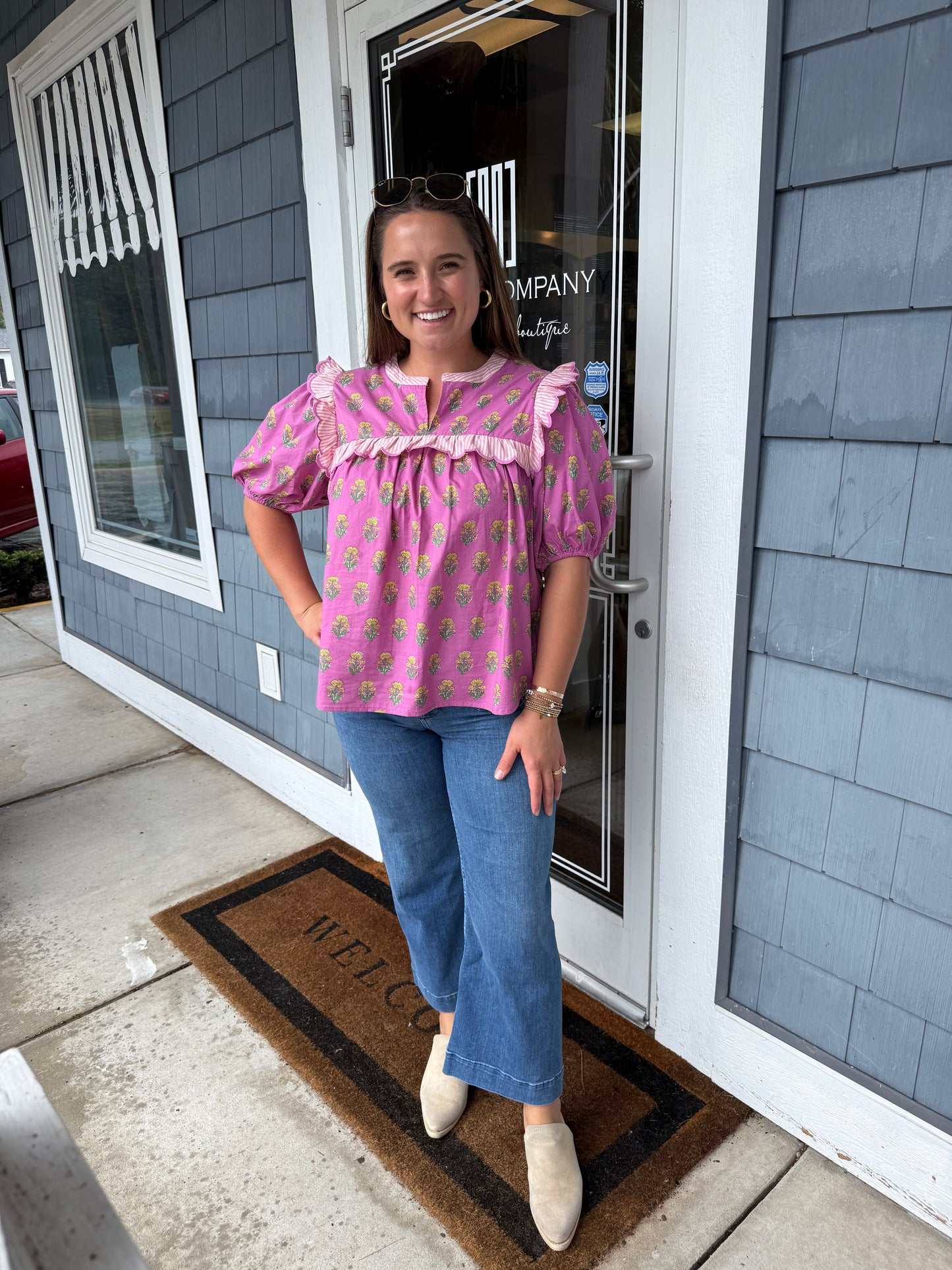 Pink Floral Ruffle Yoke Sleeve Top
