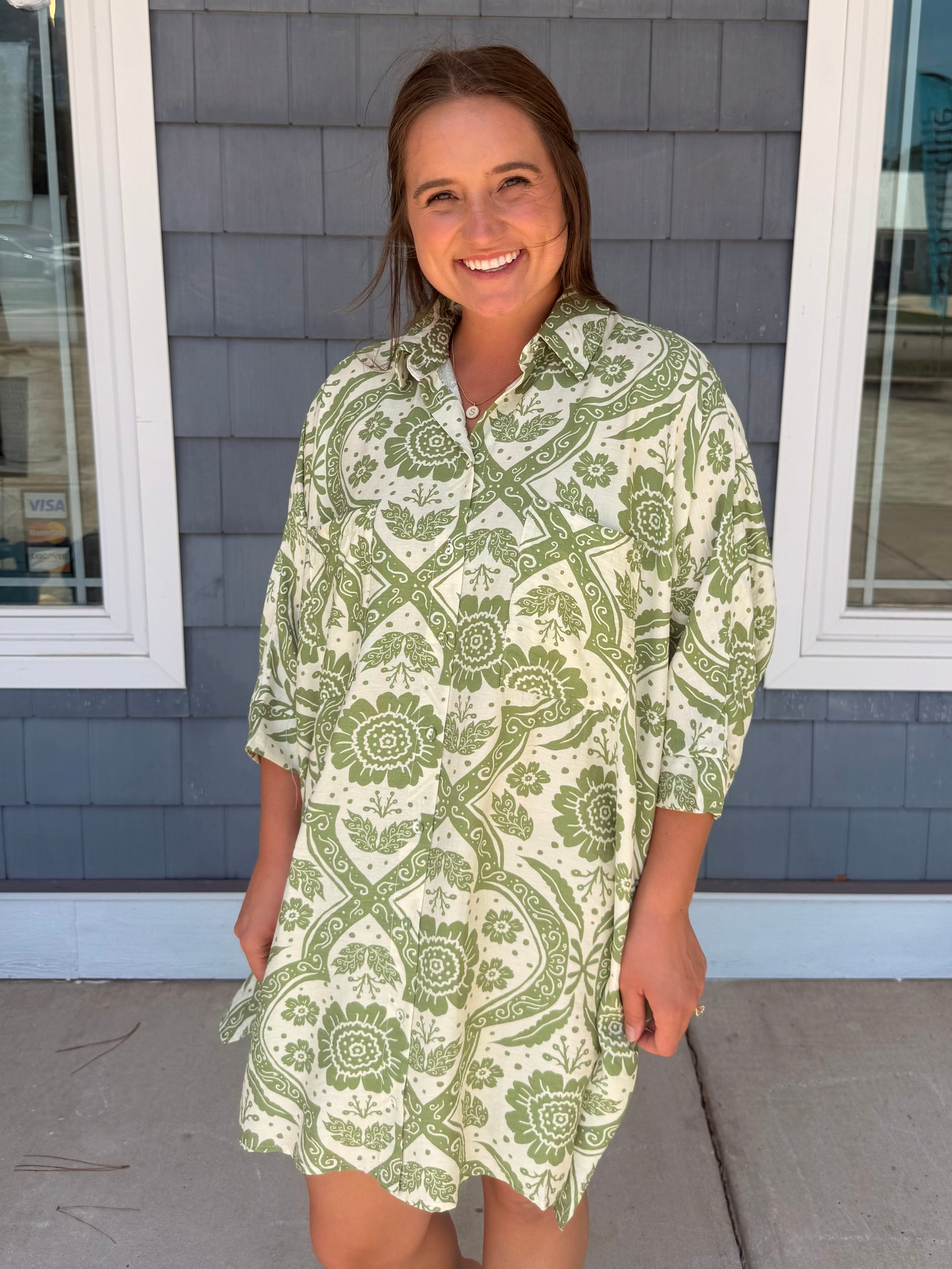 Green Oversized Button Down Shirt Dress