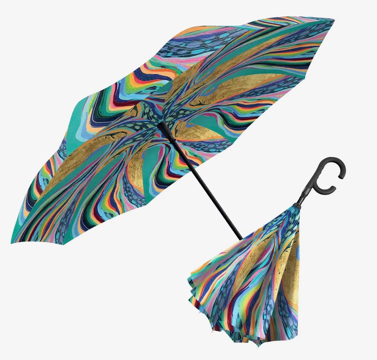 Ettavee "Rainbow Riviera 1" Reverse Inverted Umbrella - Hands-Free, Windproof Design