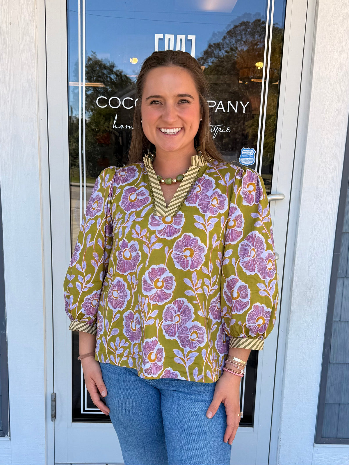 Green Floral V-neck Top
