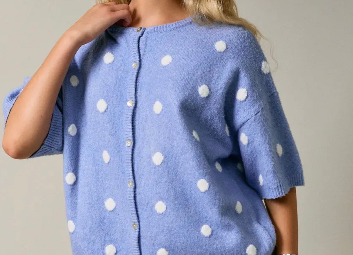 Blue Polka Dot Short Sleeve Crew Neck Knit Cardigan