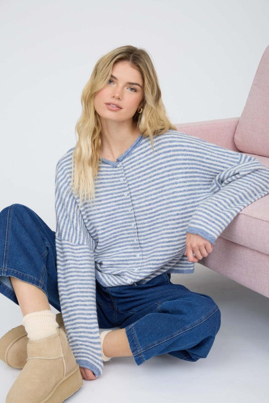 Dusty Blue Raw Edge Stripe Drop Shoulder Knit Cardigan
