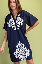 Navy Linen V-Neck Dress